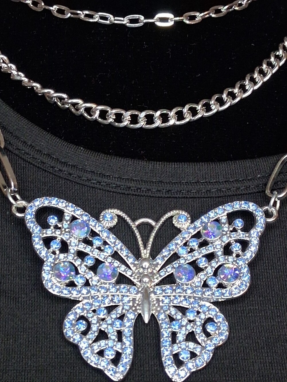 Silver Butterfly Necklace with Blue and Iridescent Crystals